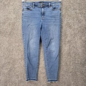 Talbots Slim Ankle Jeans Womens 10 Blue Medium Wash Frayed Hem High Rise Stretch